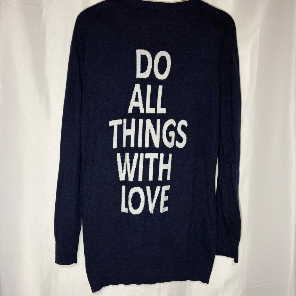 Press Womens Navy Blue Do All Things With Love Graphic Long Cardigan Sweater M - Picture 1 of 7
